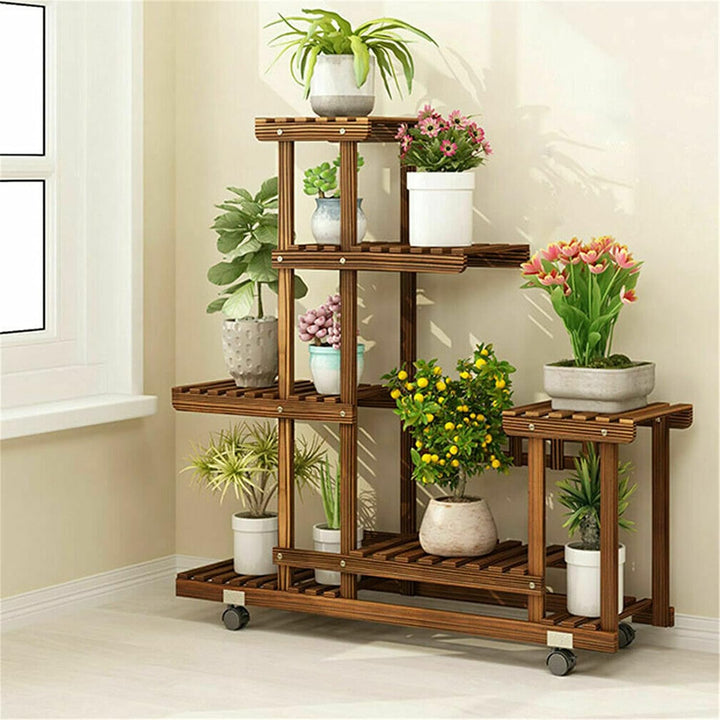 unho Blumenregal Rollbar, Blumenständer mit 6 Ebenen, Blumentreppe aus Holz, Pflanzenregal Balkon Wo