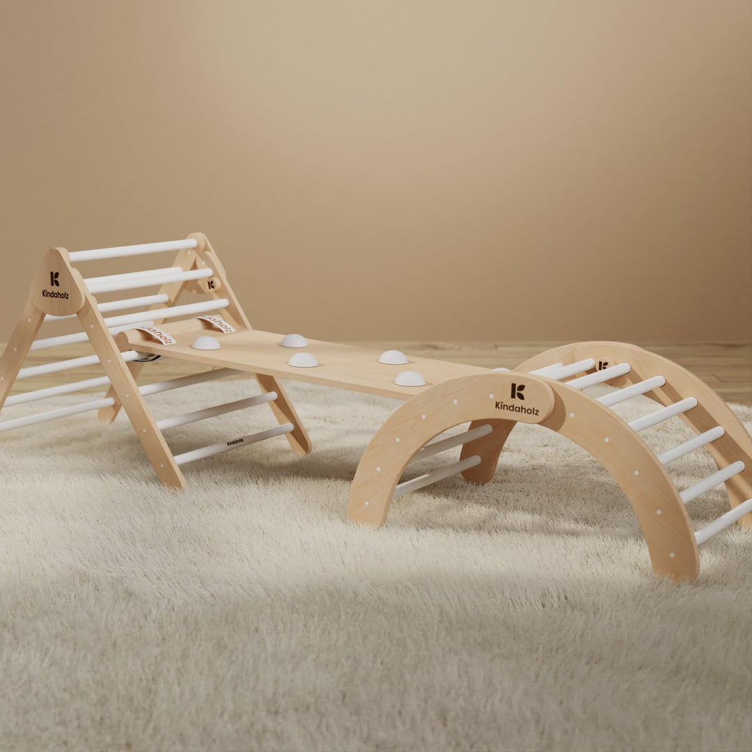 KINDAHOLZ 5in1 Klettergerüst Indoor-Spielplatz Set – Pikler-Kletterdreieck + Kletterbogen + 2-in-1-R