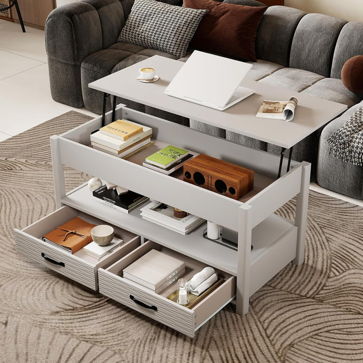 COSTWAY Couchtisch Höhenverstellbar, Sofatisch mit offene Ablage & 2 Schubladen, Wohnzimmertisch mit