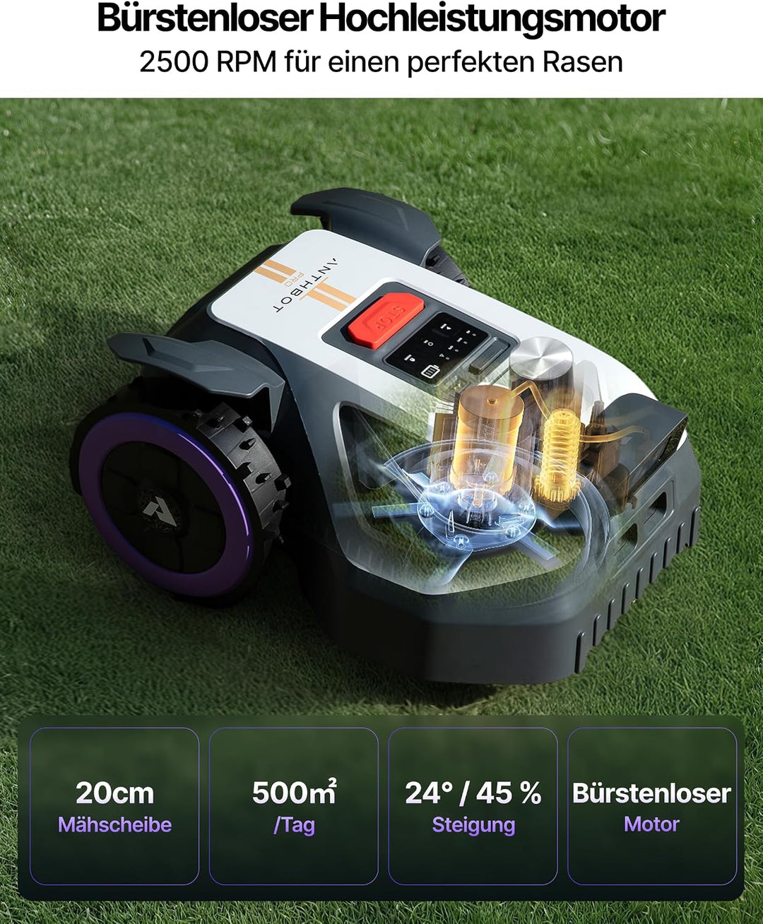 ANTHBOT M5 Pro Mähroboter ohne Begrenzungskabel, Quad-Fusion System, 500㎡ | HoloSense 4-in-1 System
