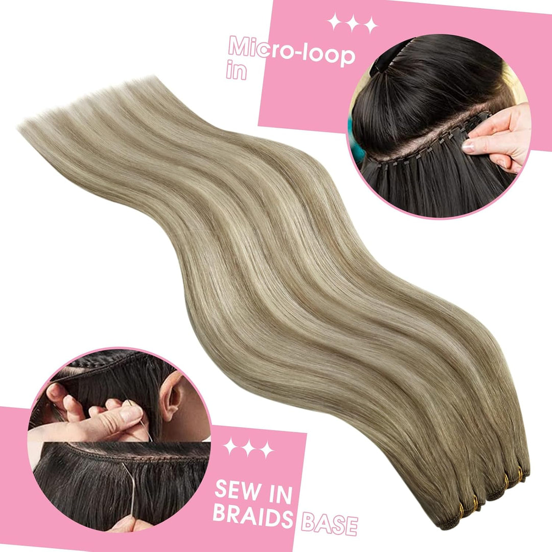 YoungSee Echthaar Tressen zum Einnahen Ombre Tressen Echthaar Braun Ombre Blond Weft Extensions Echt