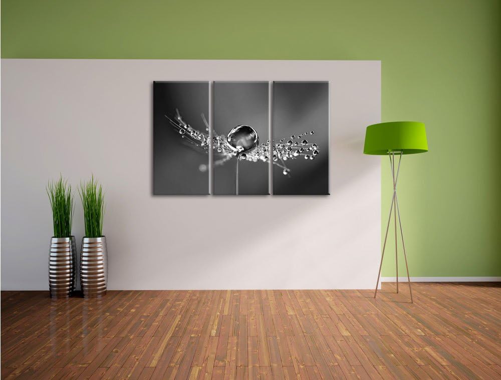 Pixxprint Wassertropfen auf Einer Pusteblume / 3-Teilig/Gesamtmass 120cm Leinwandbild bespannt auf H