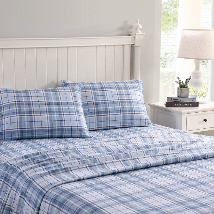 Laura Ashley Blätter Baumwoll-Flanell-Bettwäsche-Set, Mulholland Plaid Blau, Volle Grösse Volle Grös