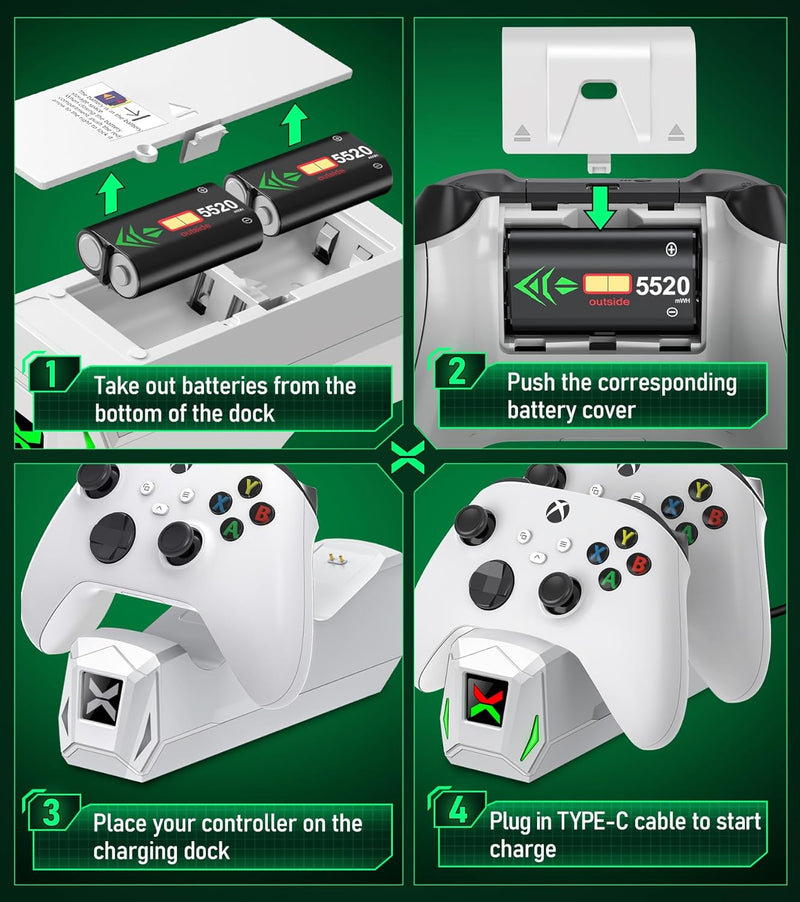 Akku für Xbox Controller mit Ladestation, Wiederaufladbare Akku Pack für Xbox Serie X/S/Xbox One/One
