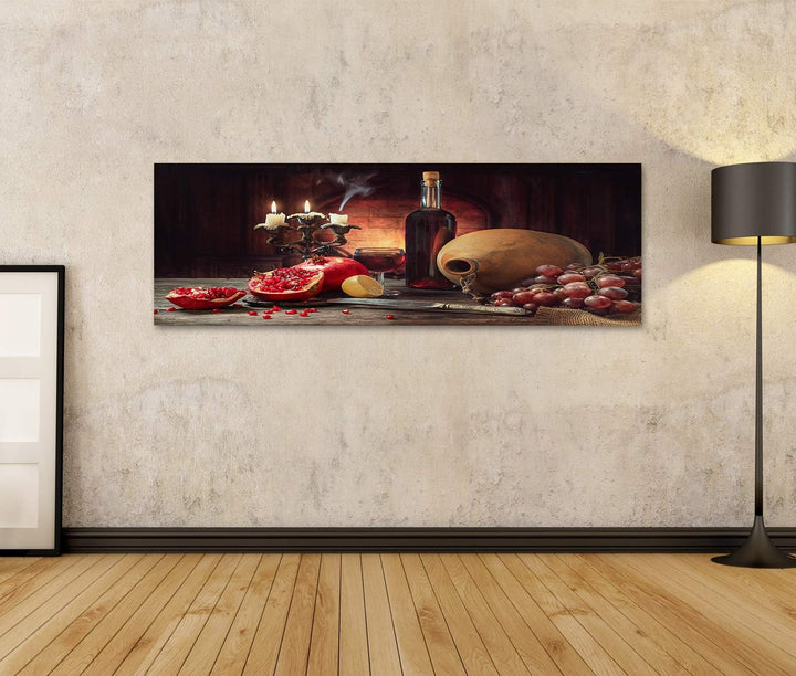 islandburner Bild auf Leinwand Stillleben Rustikaler Stil Obst Granatäpfel Trauben Zitrone Holztisch