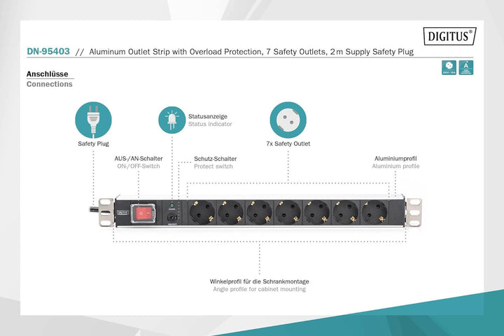 DIGITUS 19" Steckdosenleiste - 7 Abgriffe - 1HE - 250VAC - 50/60Hz - 16A - 4000W - Mit Überlastschut