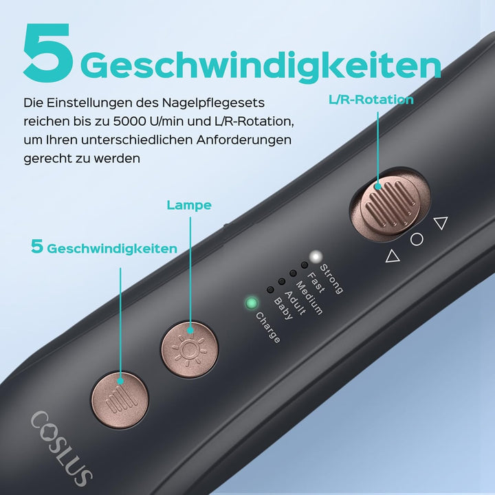 COSLUS Elektrische Nagelfeile Tragbar Kabellos: 5-in-1 Professionelle Maniküre Pediküre set mit LED