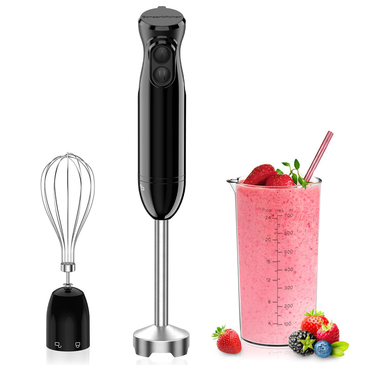 Bonsenkitchen 3 in 1 Elektrischer Stabmixer, 1000W Pürierstab mit Schneebesen/Messbecher, Stufenlose