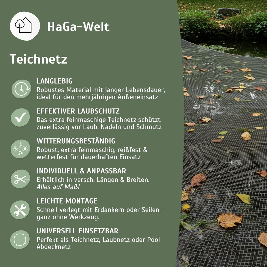 HaGa Premium Teichnetz &amp; Pool Abdecknetz – 2,6 m Breite | 15m Länge | dunkelgrün – UV-beständiges, f