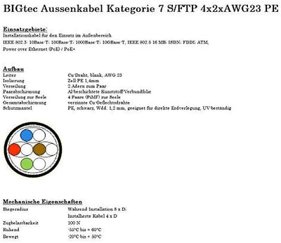 BIGtec Erdkabel CAT7 20m Outdoor Kabel Verlegekabel Netzwerkkabel Datenkabel Gigabit Installationska