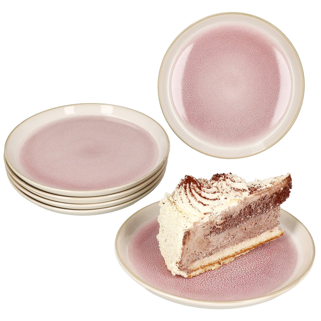 MamboCat 6er Set Reactive Glaze Paris Kuchenteller I Creme &amp; Pink I Steingut-Frühstücksteller für 6
