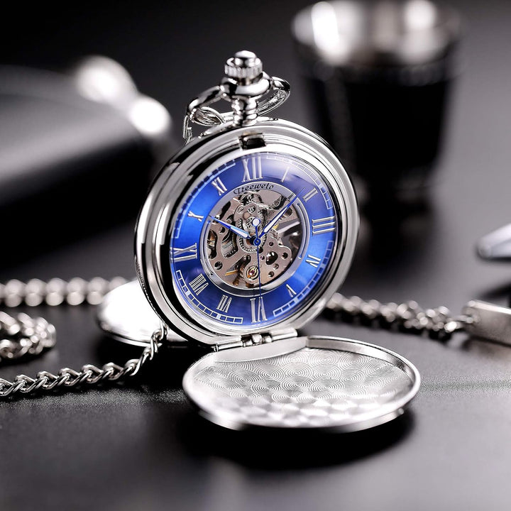 TREEWETO Pocket Watch - Smooth Double Case Series Skeleton Dial Delicate Mechanical Movement with Ch