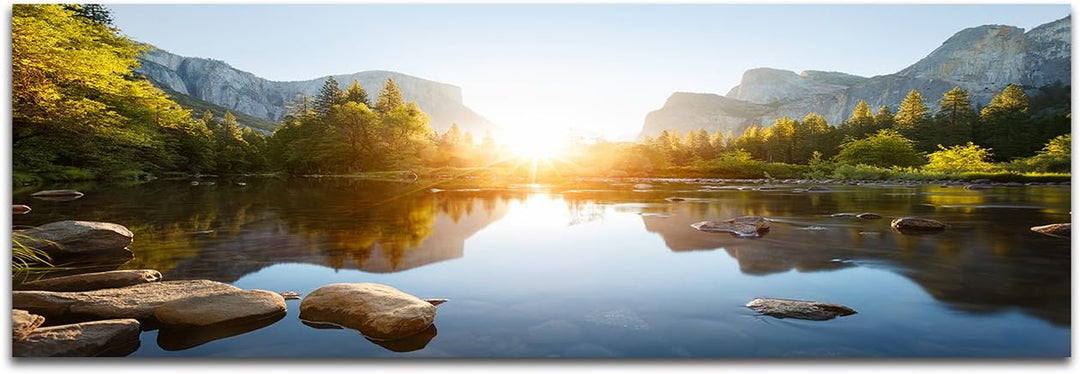 Wandbild auf Leinwand als Panorama in 150x50cm Yosemite Berge Wald Fluss Sonnenaufgang