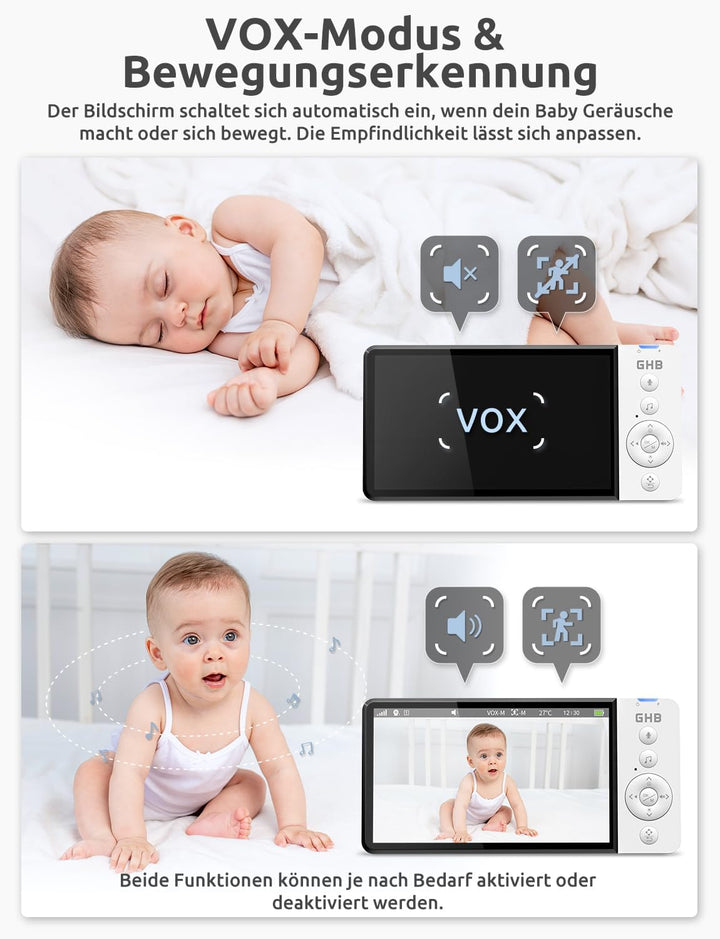 GHB Babyphone mit Kamera 5 Zoll 720P HD Display mit bis zu 168h Akkulaufzeit im VOX Bewegungserkennu