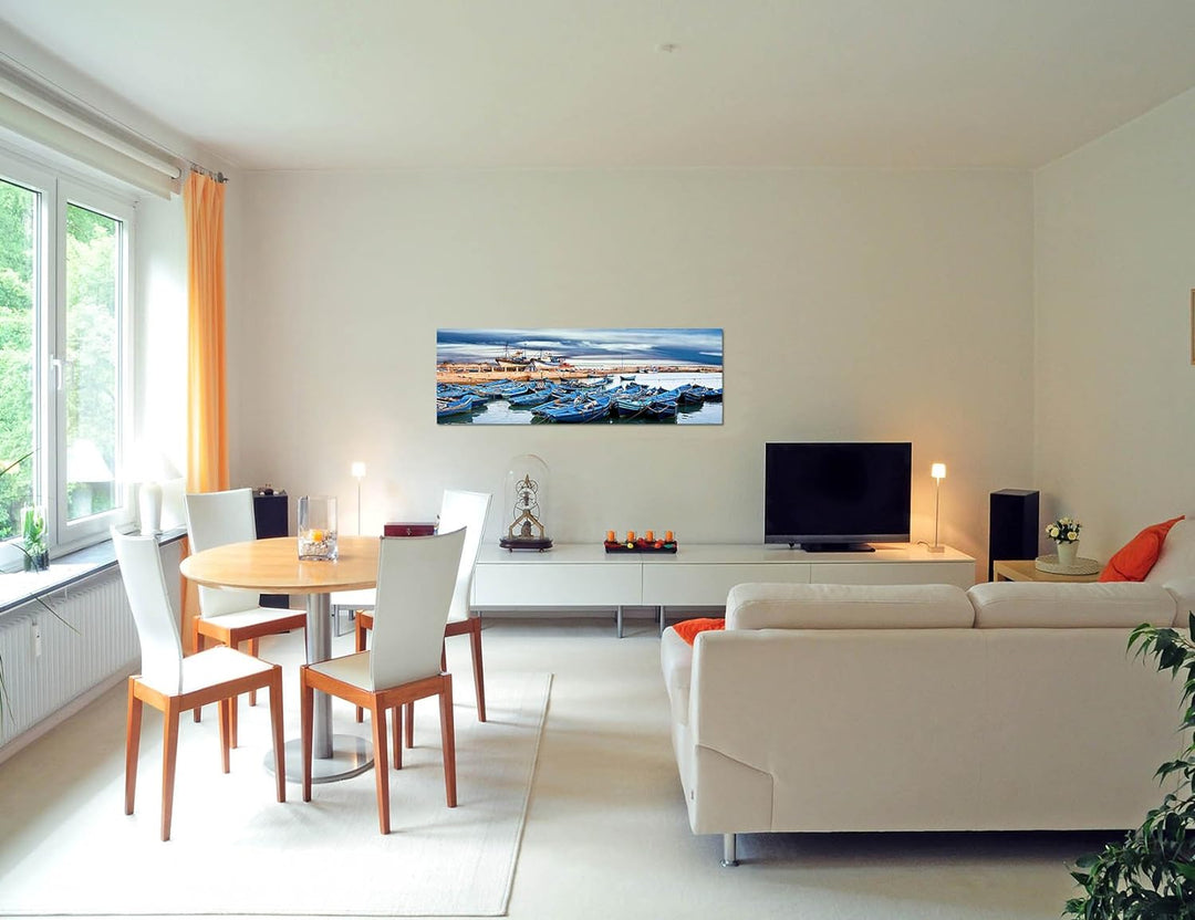 Paul Sinus Art Panoramabild auf Leinwand und Keilrahmen 150x50cm Marokko Meer Hafen Boote Wolkenhimm