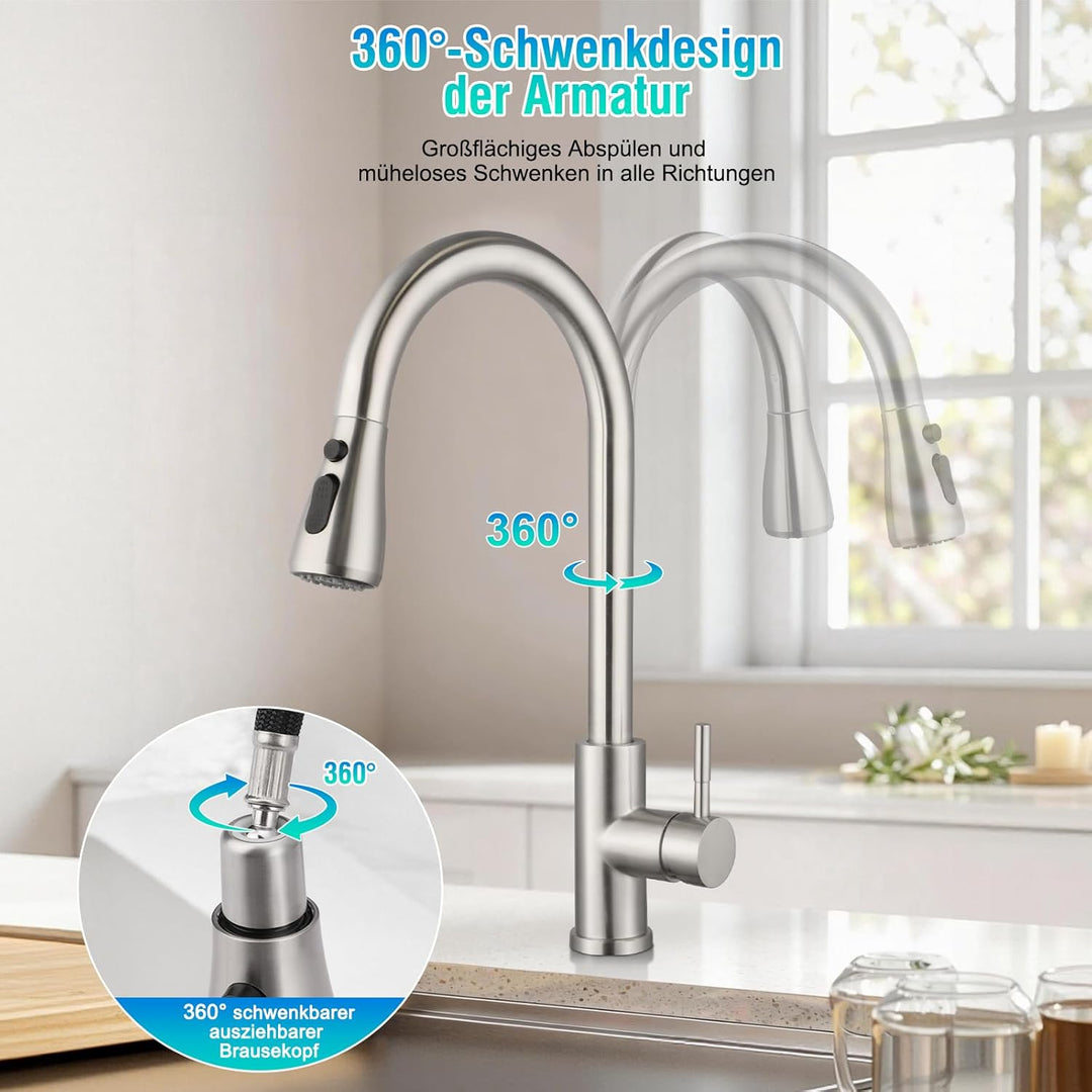 Wasserhahn Küchen, Hochdruck Küchenarmatur mit Brausekopf, 2 Wasserauslauf Modi, Küchenarmatur Auszi