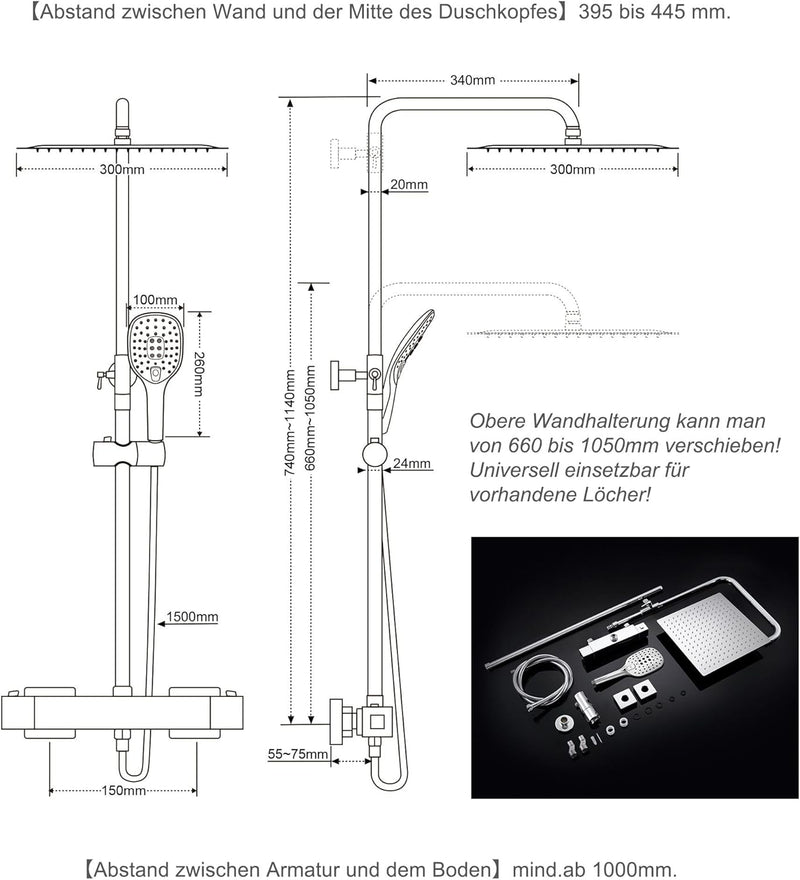 JOHO Thermostat Duschset Duschsystem Regendusche Duschgarnitur Duscharmatur mit 304 Edelstahl Kopfbr