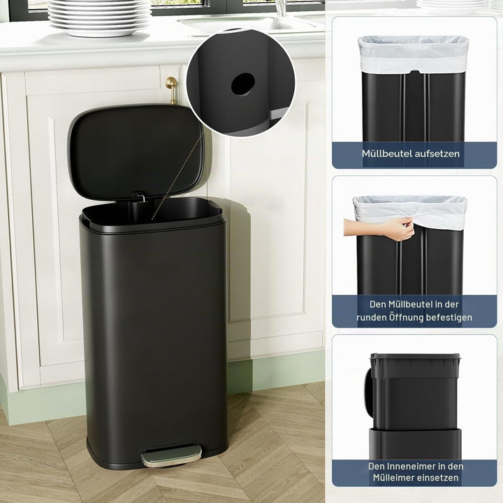 Clevich Mülleimer 30L aus Stahl, Abfalleimer, Tretmülleimer mit Soft-Close Deckel, Fusspeda, abnehmb