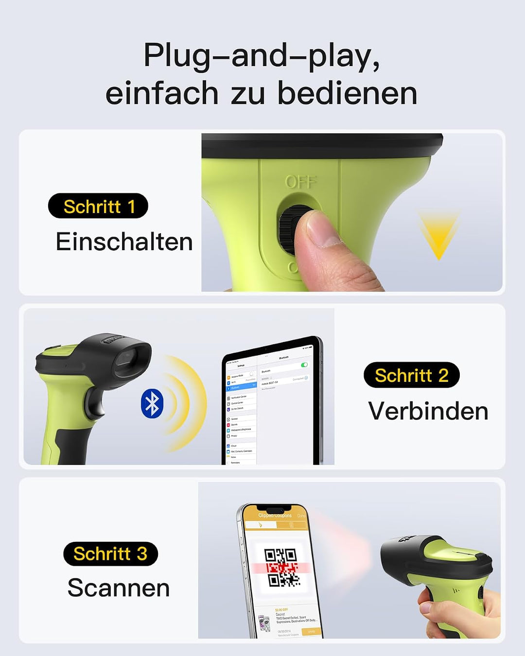 Inateck Barcode Scanner Bluetooth mit Ladestation, 1D/2D/QR, BCST-72S, Grün, Grün