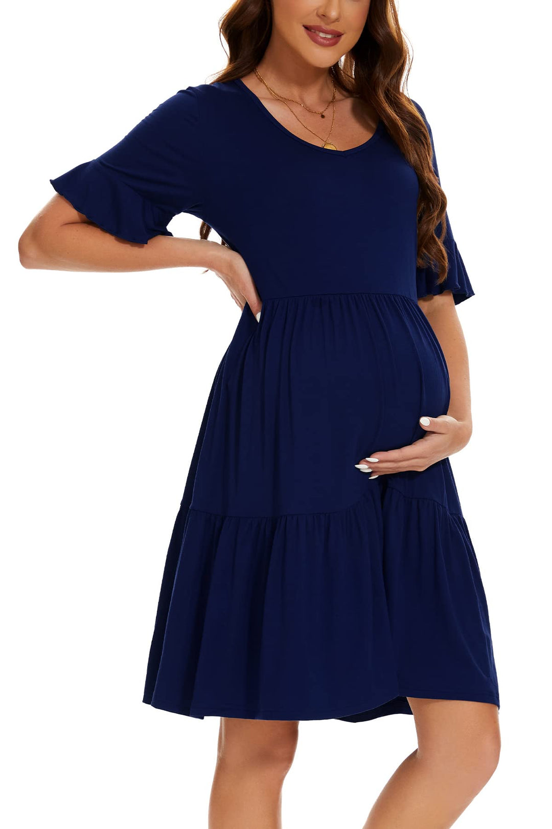 Smallshow Damen Umstandskleid Kurzarm Sommer Schwangerschafts Umstandsmode Kleid L Marine, L Marine
