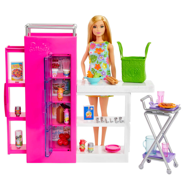 BARBIE Vorratskammer Spielset - Barbie Puppe mit über 25 Teilen und Küchenaccessoires - Perfekt für