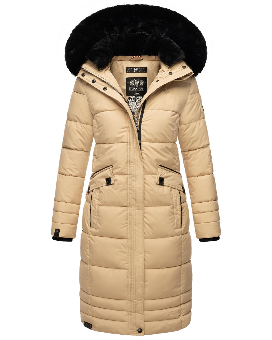 Navahoo Damen Wintermantel Warmer Steppmantel lang mit Abnehmbarer Kapuze Fahmiyaa XS-3XL M Beige, M