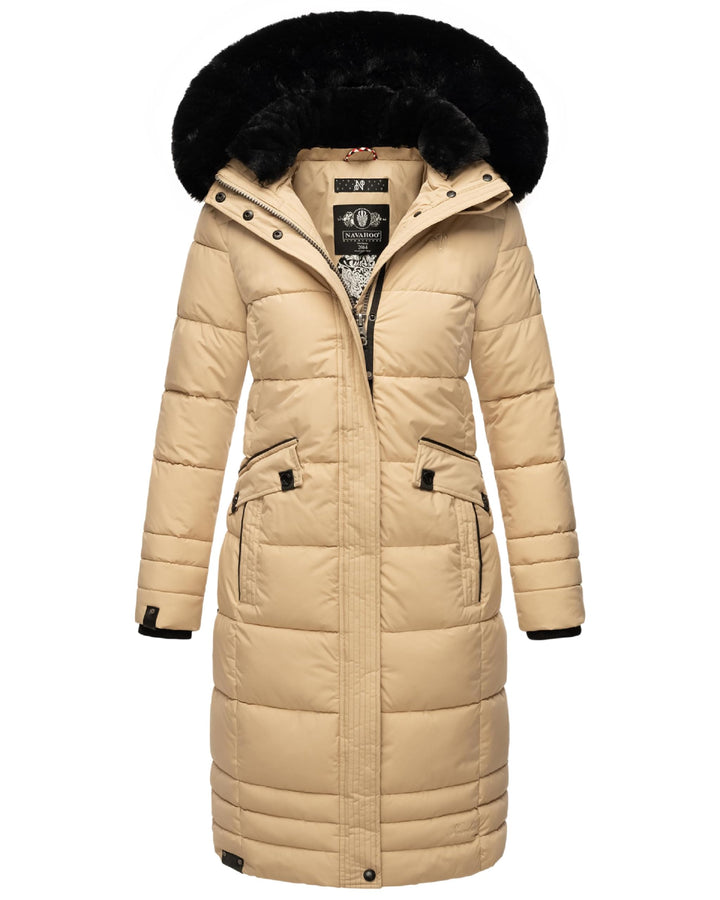 Navahoo Damen Wintermantel Warmer Steppmantel lang mit Abnehmbarer Kapuze Fahmiyaa XS-3XL M Beige, M