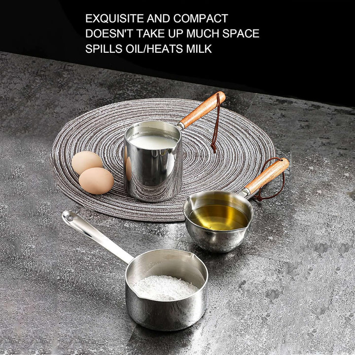 450 Ml Edelstahl-Butterwärmer, Mini-Butter, Kaffee, Milchtopf, Kleiner Topf mit Holzgriff, Zwei Ausg