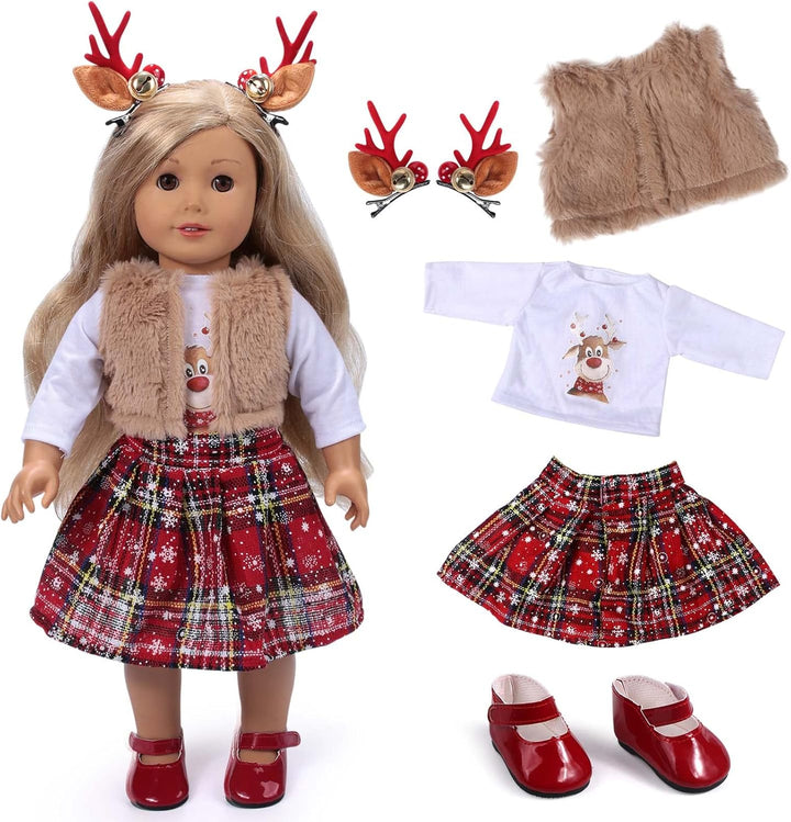 Tacobear Puppenkleidung Weihnachten Puppen Kleider Zubehör Set Puppen Hemd Rot Karierter Rock Mantel