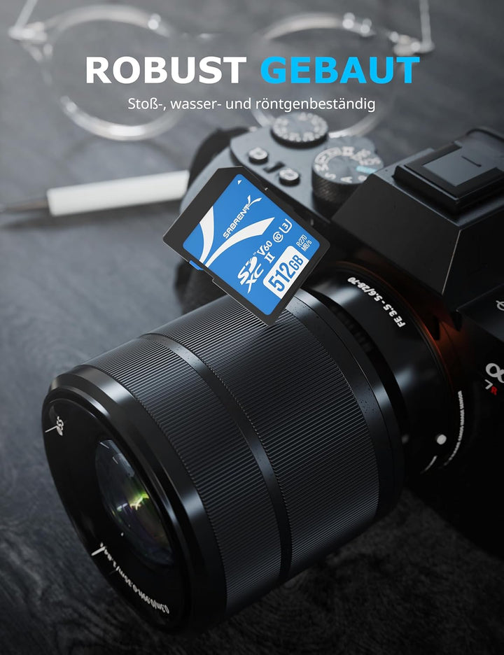 SABRENT SD Karte 512GB V60, SDXC Card UHS II, SD Speicherkarte Class 10, U3, L270MB/s S170MB/s Full