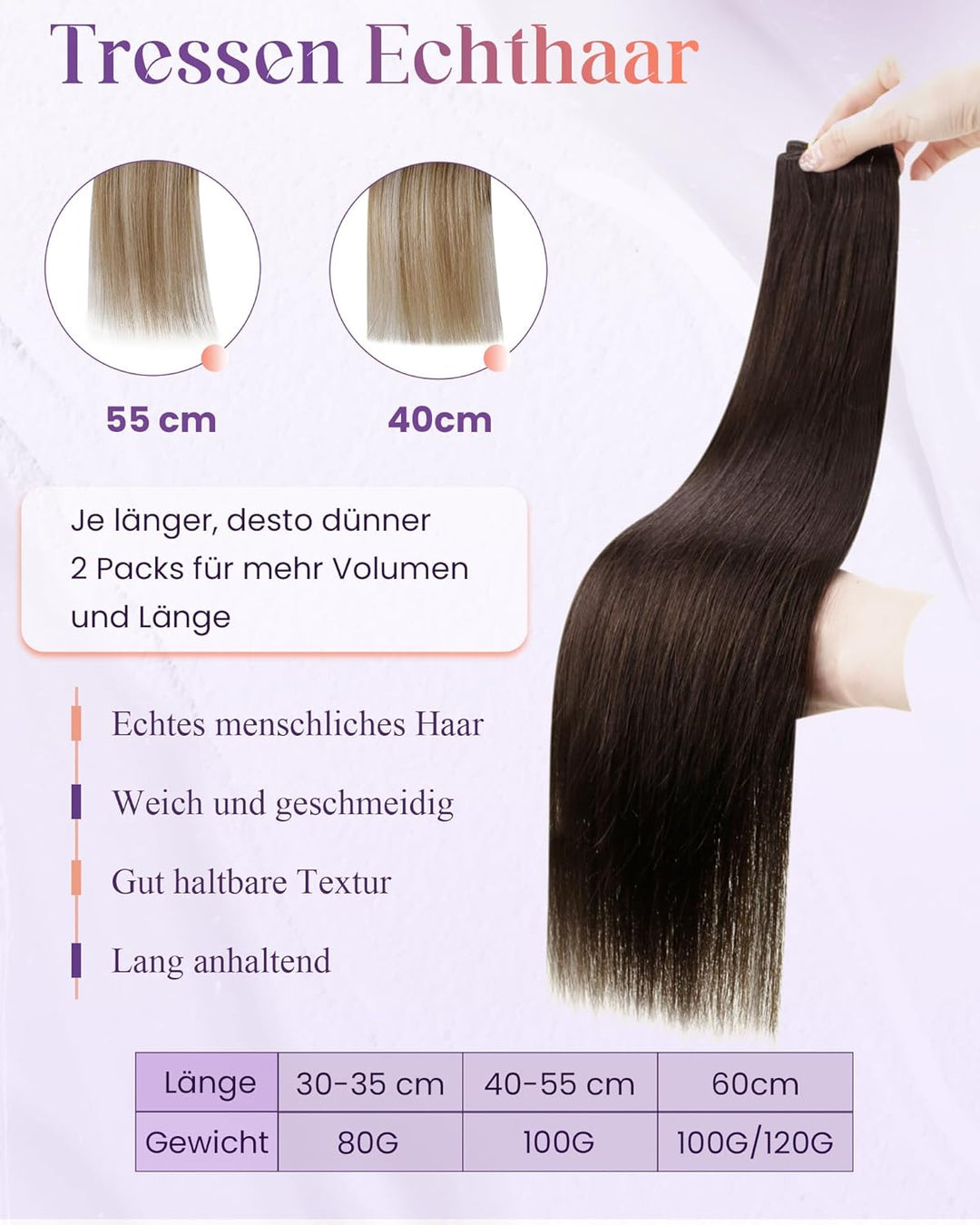 LaaVoo Extensions Tressen Remy Braun Haartressen Echthaar Dunkel Braun Extensions Echthaar Tressen G