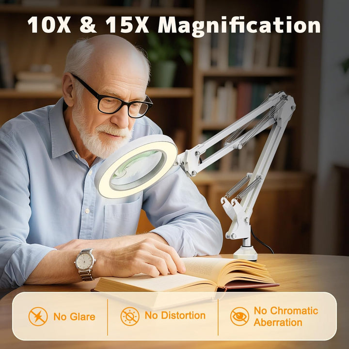 2-in-1 Lupe mit Licht und Ständer, Jubor 15X 10X LED Lupenleuchte mit Klemme und Basis, Schreibtisch
