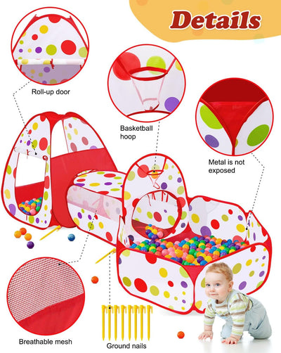 MAIKEHIGH Kinder Spielzelt mit Tunnel, 3 in 1 Pop Up krabbeltunnel Spieltunnel bällebad Baby Indoor