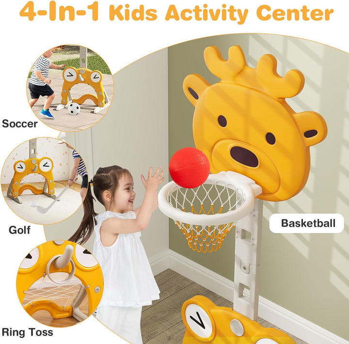HOMASIS 4 in 1 Kinder Basketballkorb Set, multifunktional Basketballständer mit Fussballtor &amp; Golf &amp;