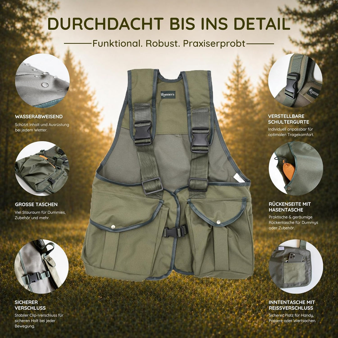 ROMNEYS Dummyweste „Jungla“ – Trainingsweste für Dummyarbeit, viele Taschen, wasserfeste Rückentasch