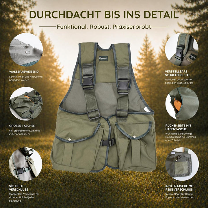 ROMNEYS Dummyweste „Jungla“ – Trainingsweste für Dummyarbeit, viele Taschen, wasserfeste Rückentasch