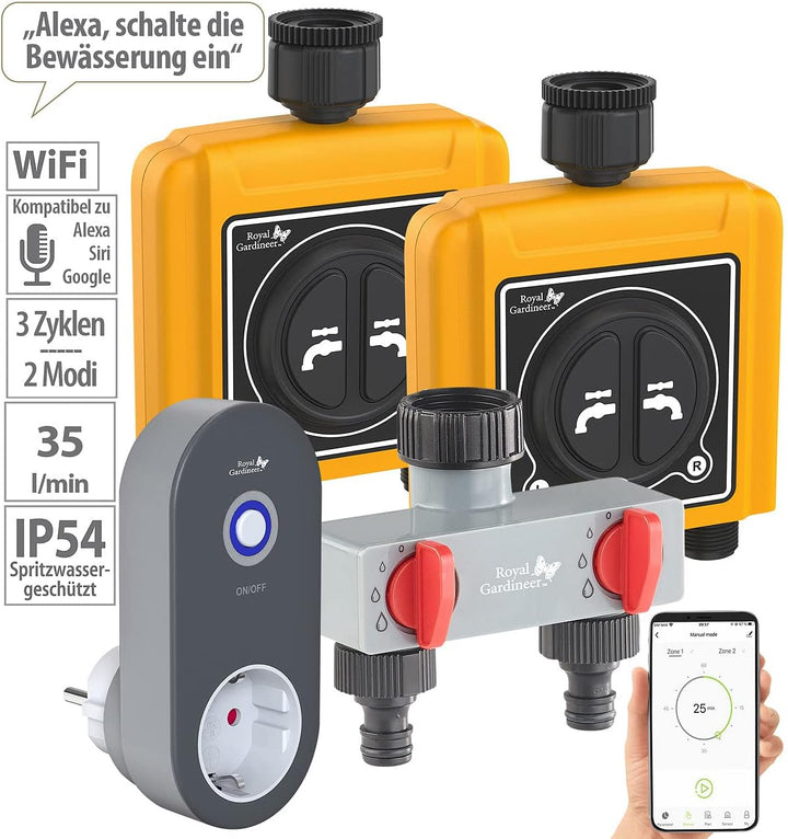 Royal Gardineer Wasserzähler: WLAN-Bewässerungscomputer mit 2 Dual-Ventilen, 2-fach-Wasserverteiler