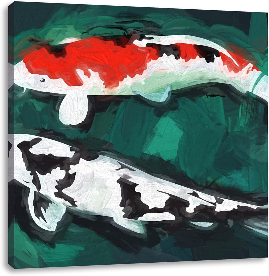 gezeichnete Koi Karpfen, Format: 70x70 auf Leinwand, XXL riesige Bilder fertig gerahmt mit Keilrahme