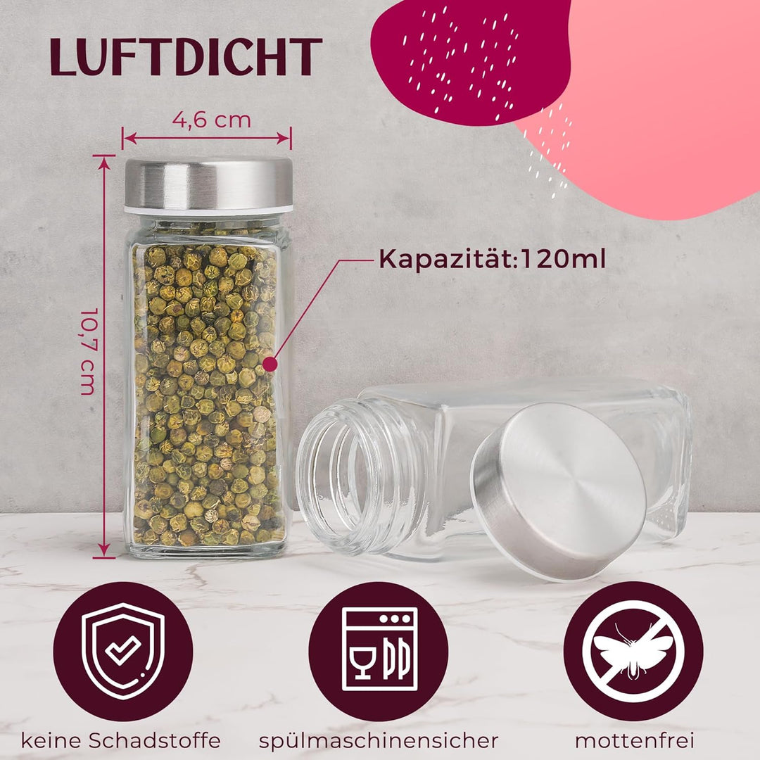 Happy Lemuro 24er Gewürzdosen Set [120ml] 301 Etiketten auf Deutsch | Gewürzgläser mit Streueinsatz,