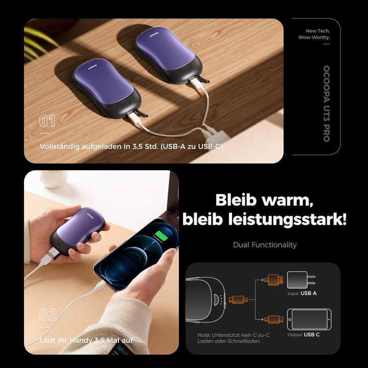 OCOOPA Handwärmer Elektrisch 2er Set, 10000mAh Taschenwärmer USB Powerbank, Wiederverwendbar, 4 Wärm