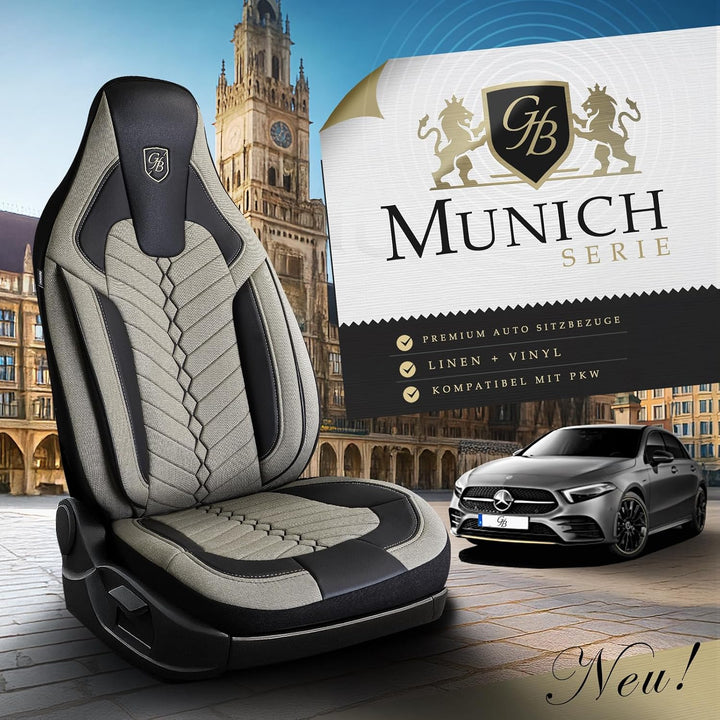Autositzbezüge Universal für PKW & SUV – Premium Vordersitze Auto Sitzbezug aus Leinen, Beige-Schwar