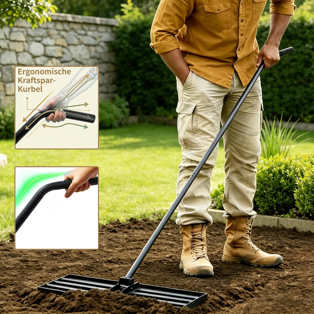 Rasen Rakel 75x25cm Rückenschonend, Rasennivellierer mit ergonomisch gebogenem 185cm Griff, Metall N