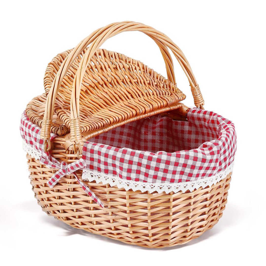 Picknickkorb, Picknickkorb mit Doppelt zu öffnendem Deckel und Klappbarem Griff, Handgewebter Korb m