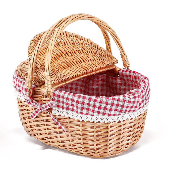 Picknickkorb, Picknickkorb mit Doppelt zu öffnendem Deckel und Klappbarem Griff, Handgewebter Korb m