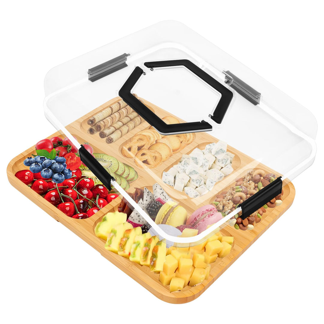 BigKing Serviertablett aus Bambus, Aperitiftablett mit Deckel und 6 Schlitzen, Bambusbrett für Käse,