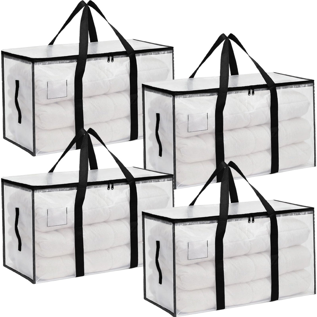 4Pcs 95L Gross Aufbewahrungstasche mit Deckel & Reissverschluss Griff, Faltbare Durchsichtige Umzugs