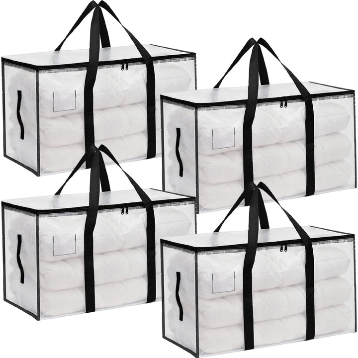 4Pcs 95L Gross Aufbewahrungstasche mit Deckel & Reissverschluss Griff, Faltbare Durchsichtige Umzugs