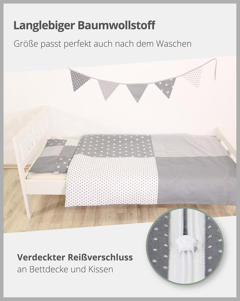 ULLENBOOM Kinderbettwäsche 100x135 cm - 100% OEKO-TEX Baumwolle - Graue Sterne - Kinder Bettwäsche S
