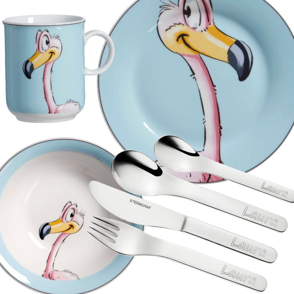 Kinderset Flamingo 7tlg. MIT Gravur (z.B. Namen) personalisiertes Kinderbesteck + Kindergeschirr, Fl