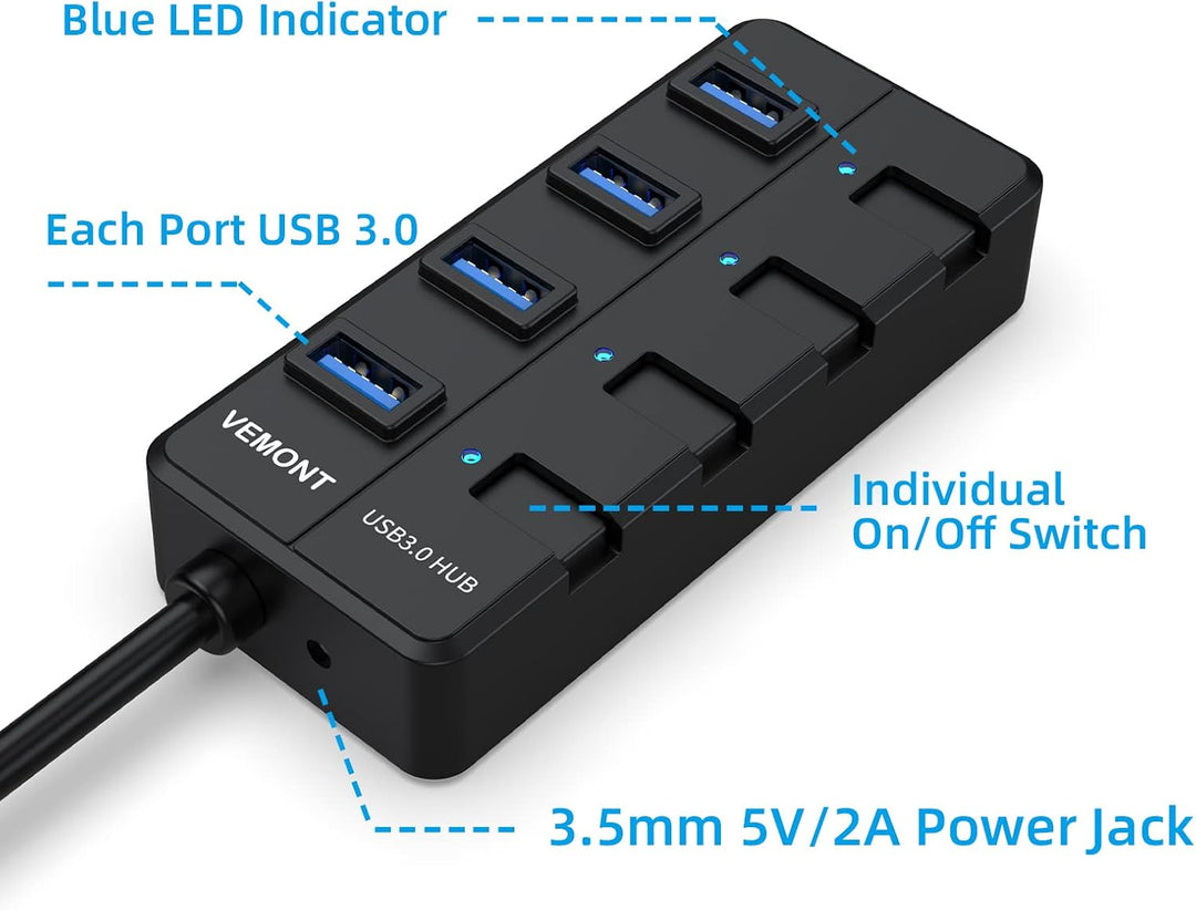 USB Hub mit Netzteil,VEMONT 4 Ports USB3.0 Hub USB Verteiler Aktiv Adapter und Einzelne EIN/Aus-Scha